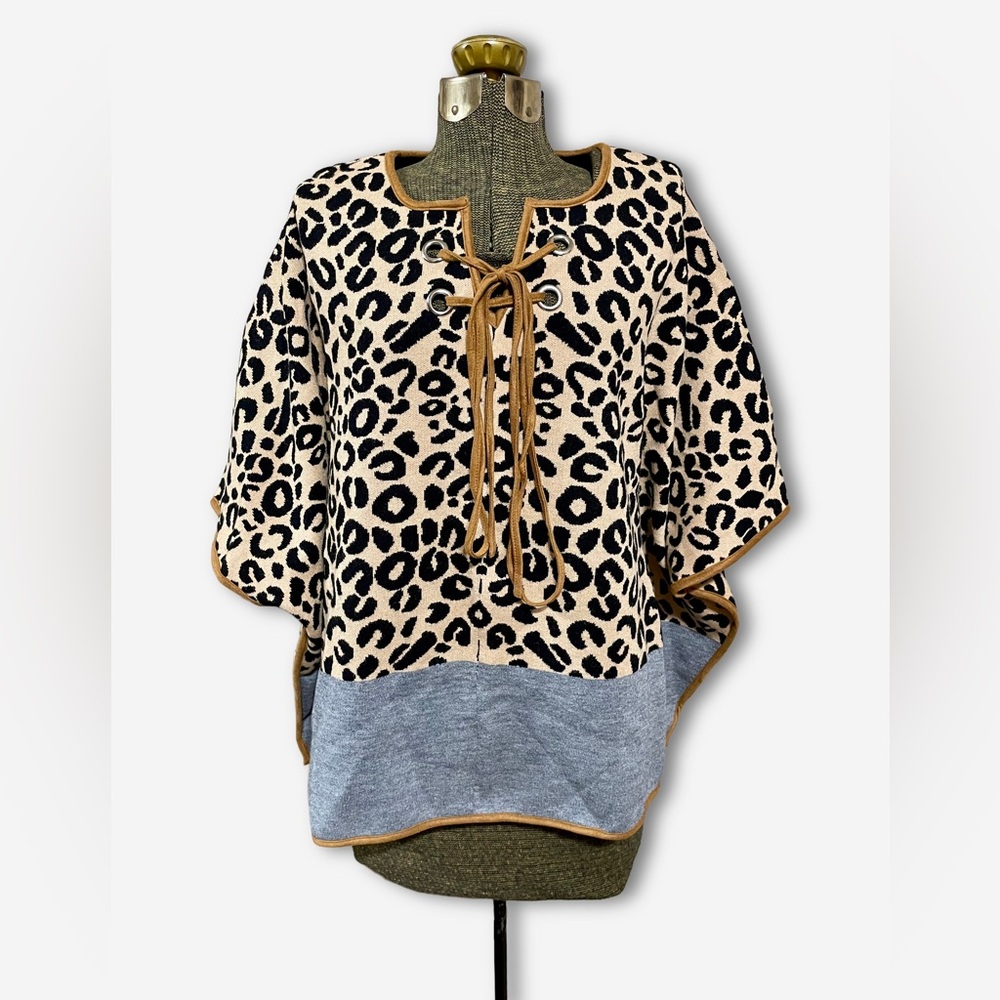 Anthropologie THML Tan Leopard Print Knit Poncho Sweater Lace Up Y2K Size S NWOT